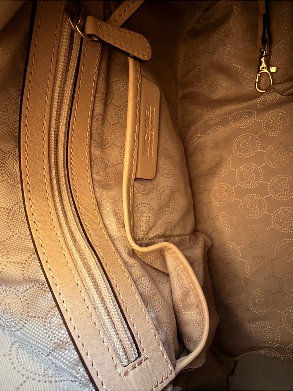 Michael Kors Cream Logo Satchel with Tan Leather Trim and Gold Hardware - Picture 10 of 11